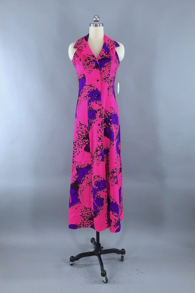 Vintage Neon Pink Hawaiian Halter Dress ...